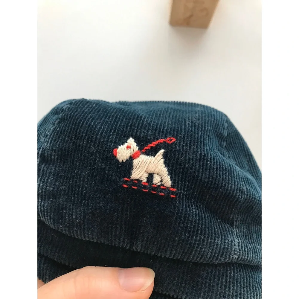 Vintage 50s Newsboy Cap‎ Dark Blue Corduroy Embroidered Dog Kids Flat Hat